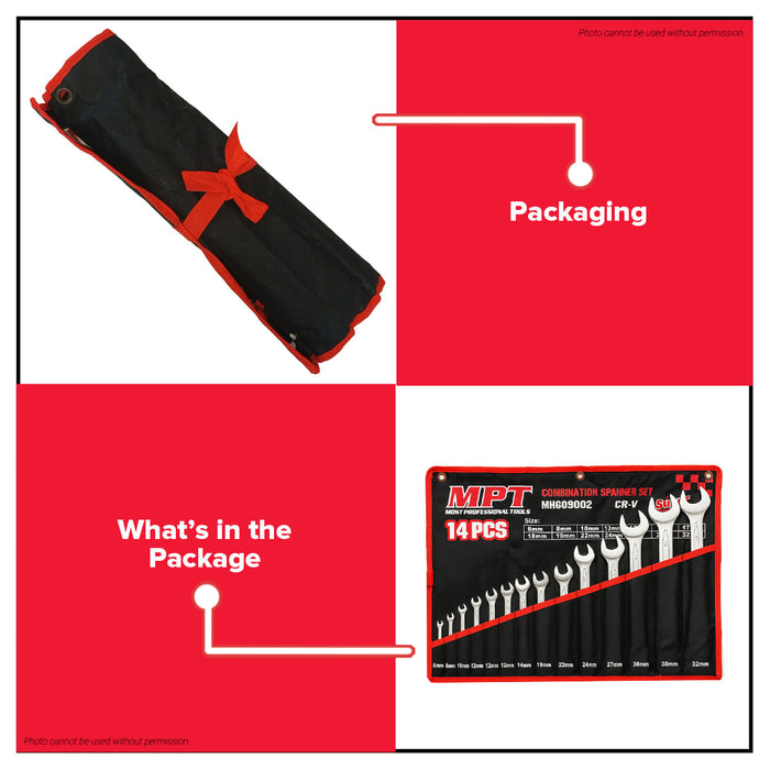 MPT 14pcs European Combination Spanner Set Matte Finish 6-32mm MHC09002 HT • MOST PROFESSIONAL TOOLS •