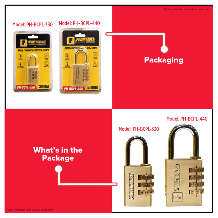 PowerHouse 3 / 4 Dials (30mm/40mm) Brass Combination Padlock | PH-BCPL-440 | PH-BCPL-330 - PHDH