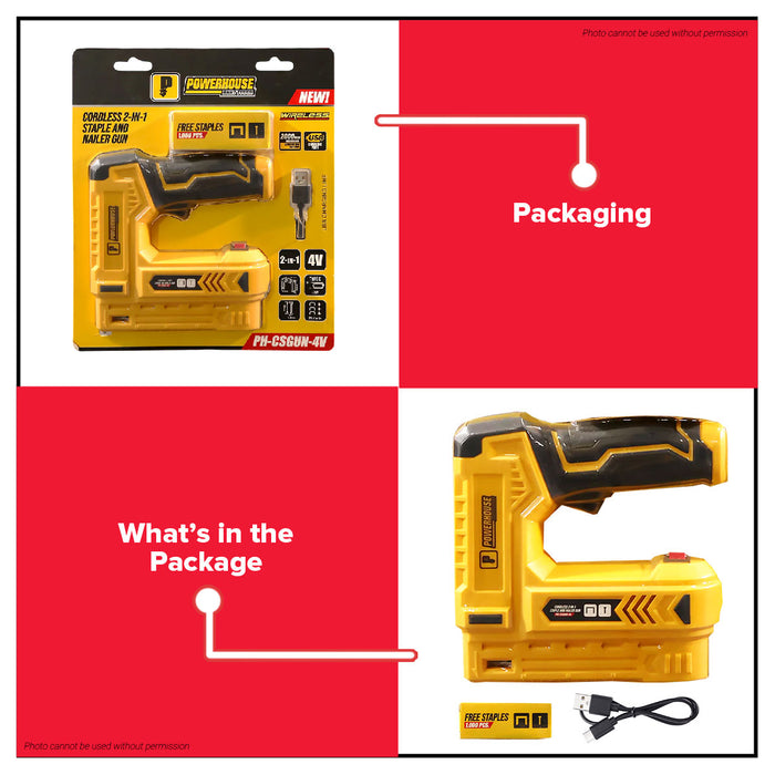 PowerHouse Cordless 2-in-1 Electric Staple and Nail Gun 4V Rechargeable USB Type C with 500pcs Nail and Staple PH-CSGUN-4V PHPT