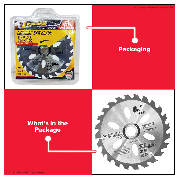 Powerhouse 6-1/2 x 24T Circular Saw Blade for Wood PH-CSWOOD6-12X24T Max Speed 9500RPM PTAA