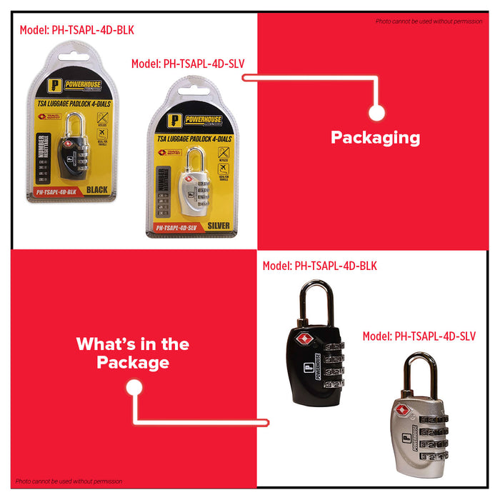 PowerHouse 4-Dials TSA Luggage Padlock (Silver/Black) PH-TSAPL-4D-SLV / PH-TSAPL-4D-BLK | PHDH