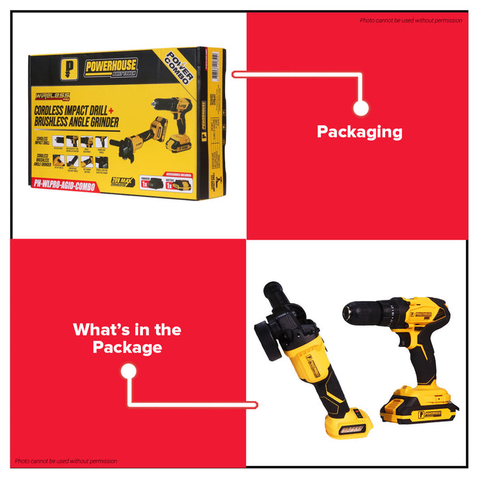 Buildmate x PowerHouse Power Combo Cordless Brushless Angle Grinder 20V and Cordless Impact Drill 20V Set PH-WLPRO-AGID-COMBO