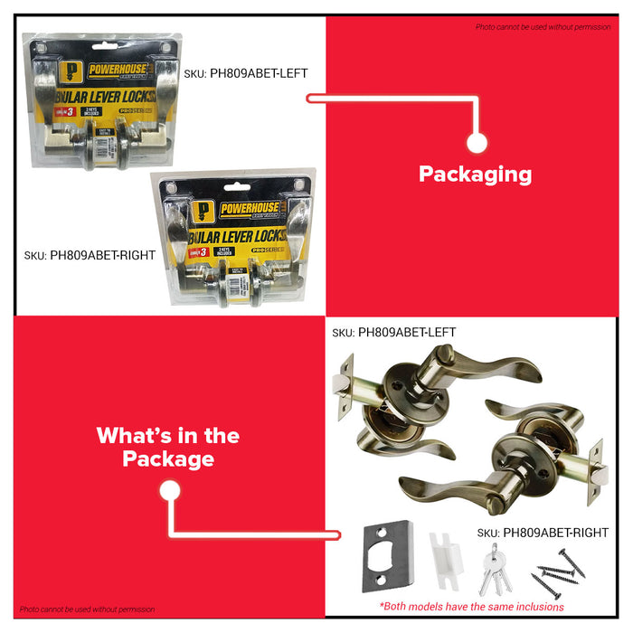 BUILDMATE x POWERHOUSE Pro Series Tubular Entrance Lever Lockset PH809ABET Antique Brass Finish US5 LEFT & RIGHT PHDH