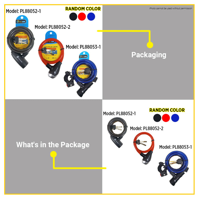 Pololock Coil Cable Bicycle Lock with Keys 12mm x 1200mm 1*48 PL88160-6 (old model: PL88053-1)