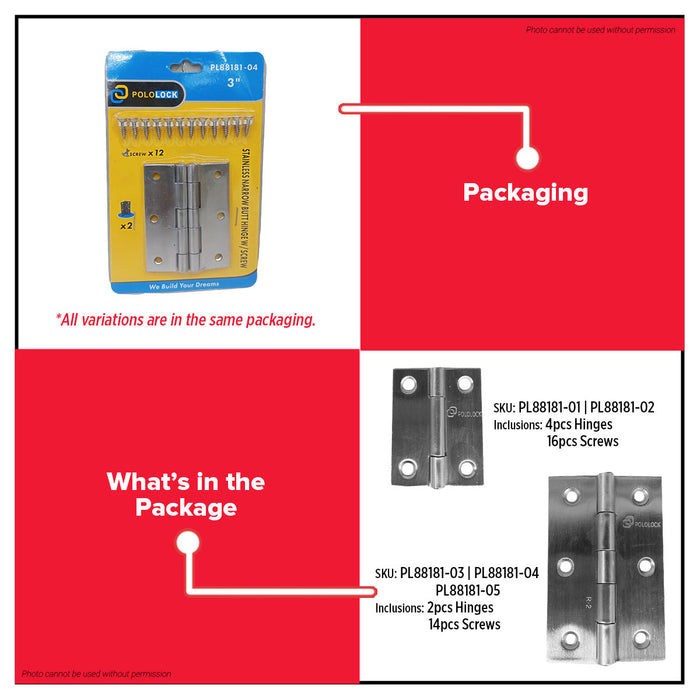 BUILDMATE x POLOLOCK Stainless Steel Narrow Butt Hinges with Screws 1.5” / 2” / 2.5” / 3” / 3.5” – Durable Door & Cabinet Hinge Set