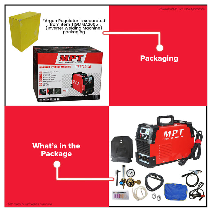 MPT TIG/MMA Inverter Welding Machine 200AMP (W/ Argon Reg) TIGMMA2005 PT • MOST PROFESSIONAL TOOLS •