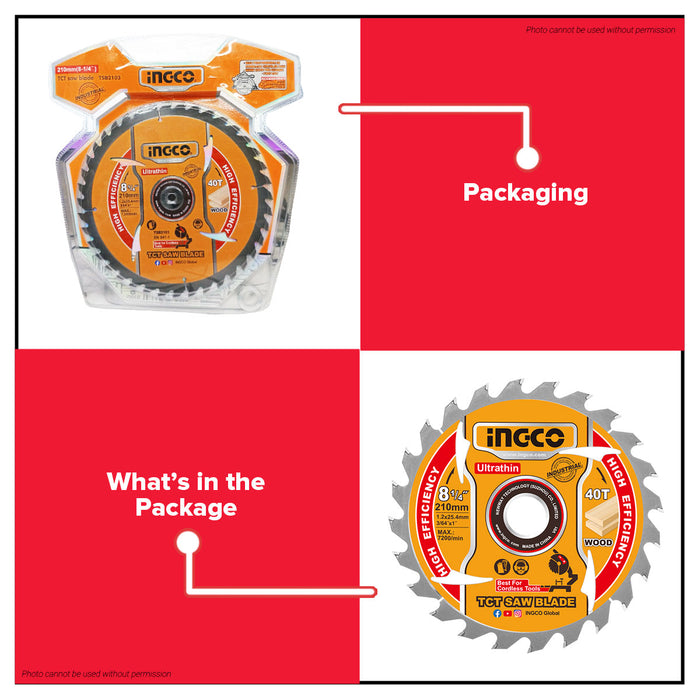 INGCO 8-1/4in(210mm) 40T Ultra Thin TCT Saw Blade For Wood TSB2103 IHT