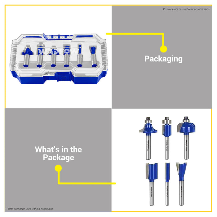 BUILDMATE Wadfow 6pcs Hex Shank Router Bits Set Woodworking Router Tool Groove Cutting Bit Kit Wood Shaping Tools - WHT