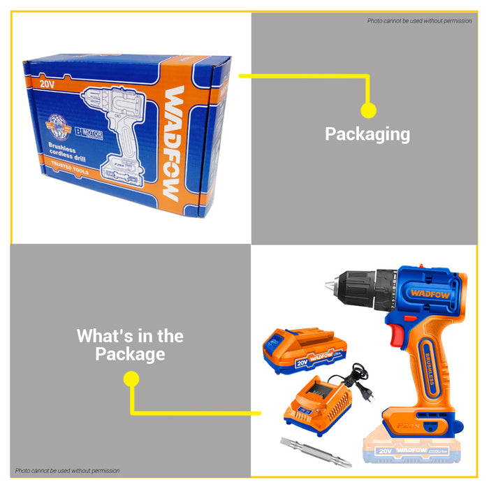 BUILDMATE Wadfow 20V Brushless Lithium-Ion Cordless Drill 0.8-10mm 2 Speed Gear Rechargeable Hand Drill Driver Power Tools WCDP5521 - WCPT