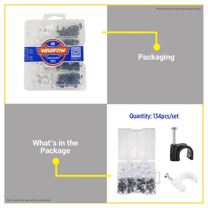 BUILDMATE Wadfow 134PCS/SET Cable Clip Kit Black & White Cable Management Cord Organizer Wire Clamp Mounting Clip Fastener Holder Set WFQAB01 - WHT