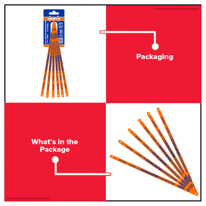 BUILDMATE Wadfow 6pcs Hacksaw Blade Set 24T 300mm Hack Saw Replacement Hand Saw Blade Kit WHB2124 - WHT