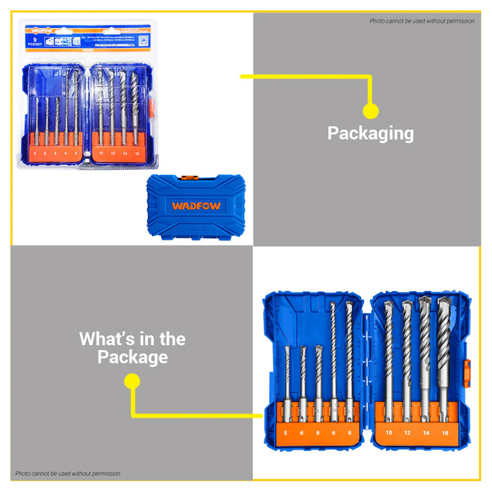 BUILDMATE Wadfow 9pcs SDS Plus Hammer Drill Bits Set Heavy Duty Concrete & Masonry Drilling Power Tool Accessories For Rotary Hammer WHD6509 - WHT