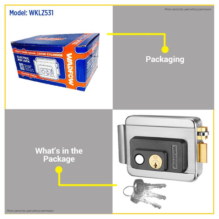 BUILDMATE Wadfow Electric Rim Lock 60mm Loose / Fixed Cylinder Right Hand Opening With 3pcs Brass Keys Electronic Security Rim Mounted Gate Door Auto Lock - WHT