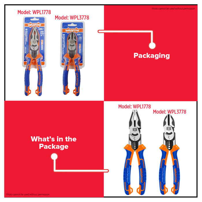 Wadfow 8” inch / 200MM Multi Function Combination Pliers WPL1778 | 7.5inch/190MM Diagonal Cutting Pliers WPL3778 WHT