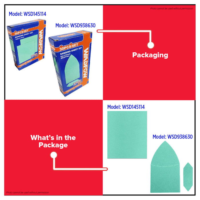 Wadfow 30pcs Sanding Sheets Set 93x172mm & 86x27mm P40-P180 Hook & Loop Sandpaper for Cordless Sanders WSD938630 - WHT