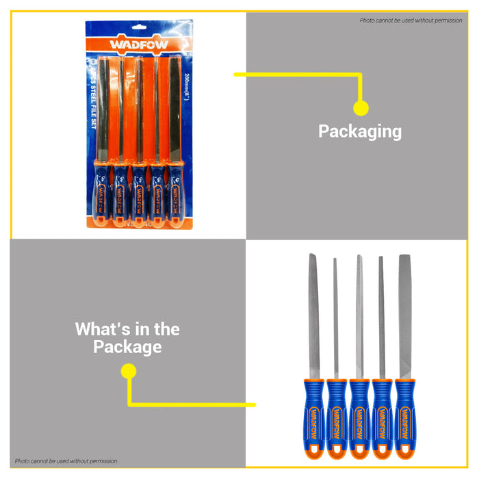 BUILDMATE Wadfow 5pcs Steel File Set 8" (200mm) Metalworking Filing Tools Sharpening Hand Files Metal Shaping Tool Kits WSF2405 - WHT