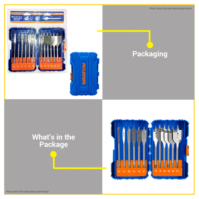 BUILDMATE Wadfow 12pcs 1/4" Hex Flat Wood Drill Bits Set Flat Tip Spade Woodworking Drilling Bit WWF6512 - WHT