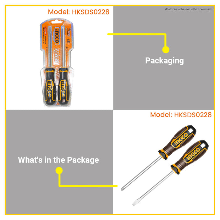 BUILDMATE Ingco 2pcs Screwdriver Set SL6.Slotted Flat / PH2 Phillips Cross Head Screw Driver Household Tool Repair Kit HKSDS0228 - IHT