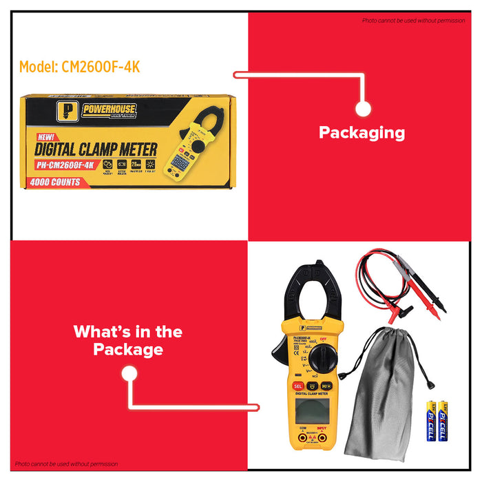 Powerhouse Digital Clamp Meter 4,000/ 6,000 Counts AC/DC Voltage 600V/CAT II  PHHT
