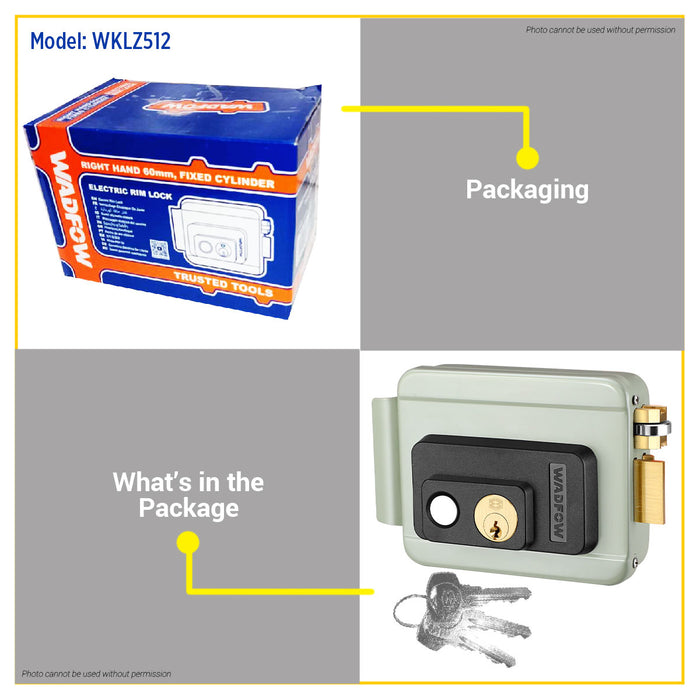 BUILDMATE Wadfow Electric Rim Lock 60mm Loose / Fixed Cylinder Right Hand Opening With 3pcs Brass Keys Electronic Security Rim Mounted Gate Door Auto Lock - WHT