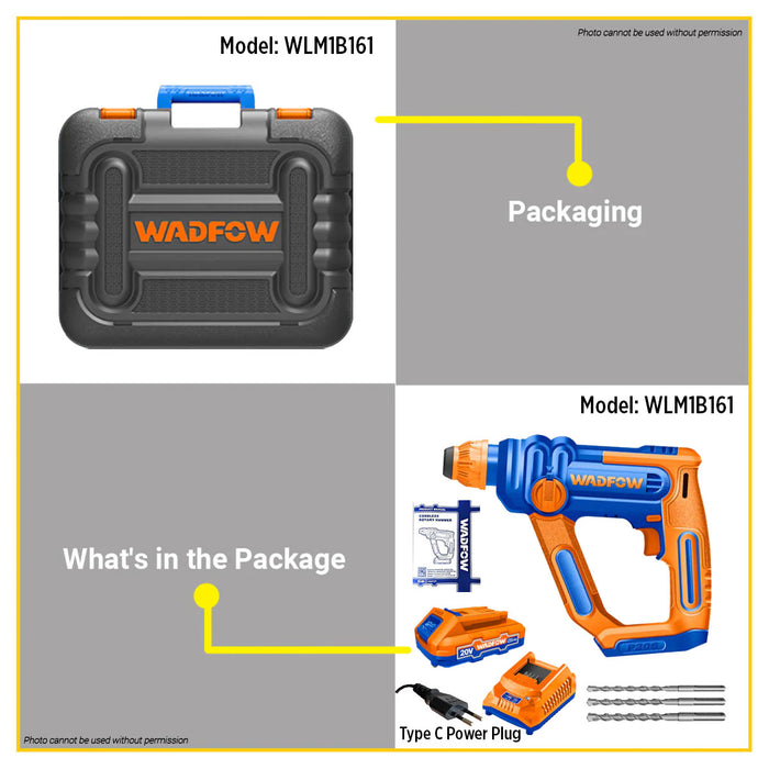 BUILDMATE Wadfow Lithium-Ion Cordless 20V Rotary Hammer 0-850rpm One Button with Two Function Rechargeable Concrete Hammer Drill - WCPT