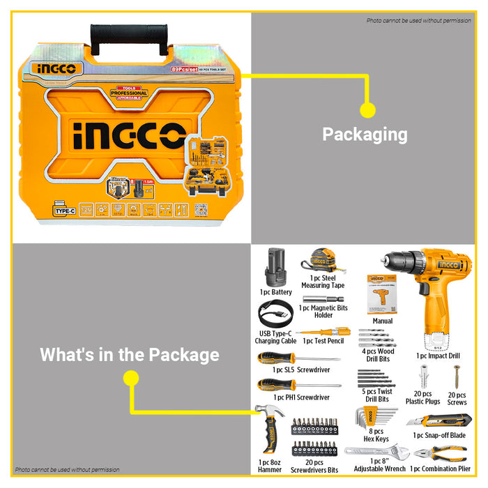BUILDMATE Ingco Household Tools Set 81pcs / 89pcs Cordless Drill with Hand Tool Kit Combo Mechanic Home Repair Tool Set - ICPT
