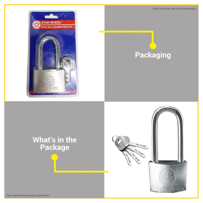 Starwheel Long Shackle Steel Ball Bearing Padlock 30mm / 40mm / 50mm / 60mm