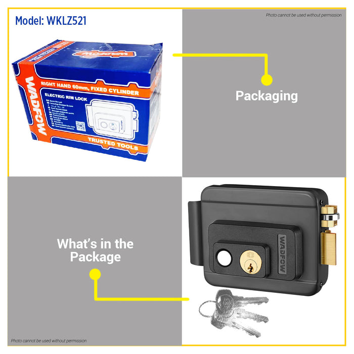 BUILDMATE Wadfow Electric Rim Lock 60mm Loose / Fixed Cylinder Right Hand Opening With 3pcs Brass Keys Electronic Security Rim Mounted Gate Door Auto Lock - WHT