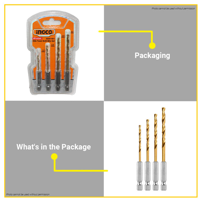 BUILDMATE Ingco 4pcs 1/4" Hex Fully Ground HSS Twist Drill Bits Set Titanium Coated Metal Wood Plastic Drilling Multi-Purpose Power Tool Accessories AKD1401 - IHT
