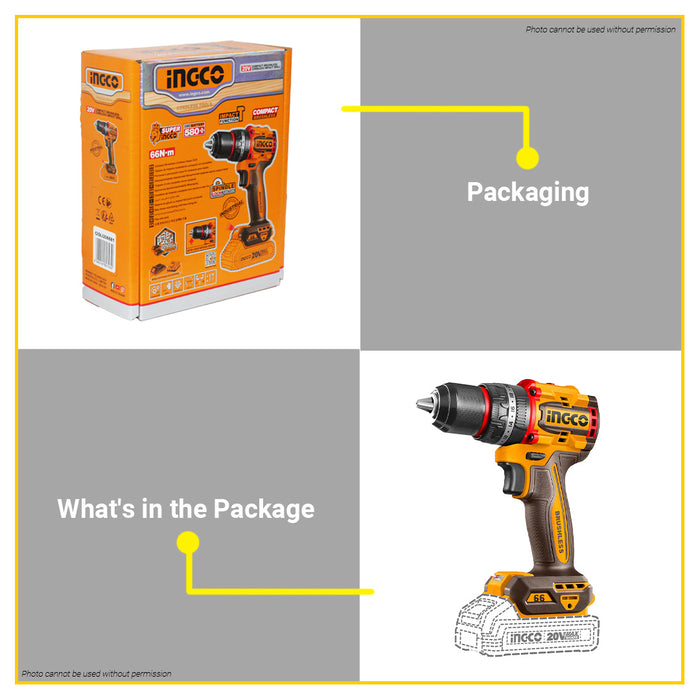 BUILDMATE Ingco 20V Compact Brushless Cordless Impact Drill 66N.m Rechargeable Portable Impact Drill Driver Tool For Automotive & Home Improvement CIDLI206681 - ICPT