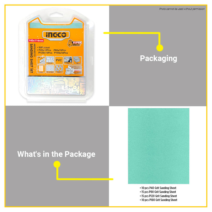 BUILDMATE Ingco 50pcs Sanding Sheet Set 145x114mm Abrasive Finishing Sandpaper Polishing and Grinding Sheet Kit AKFS145115 - IHT