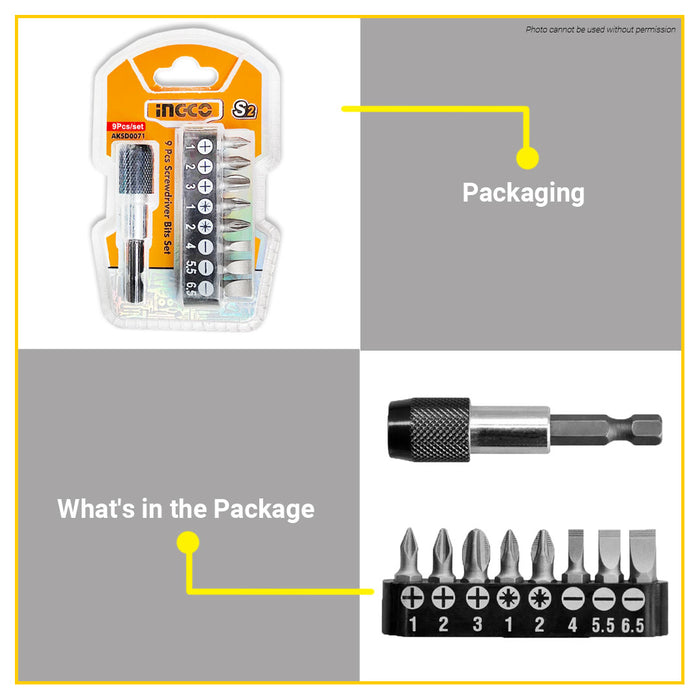 BUILDMATE Ingco 9pcs Screwdriver Bits Set S2 Industrial Steel Magnetic Interchangeable Driver Bits Attachment Set AKSD0071 - IHT