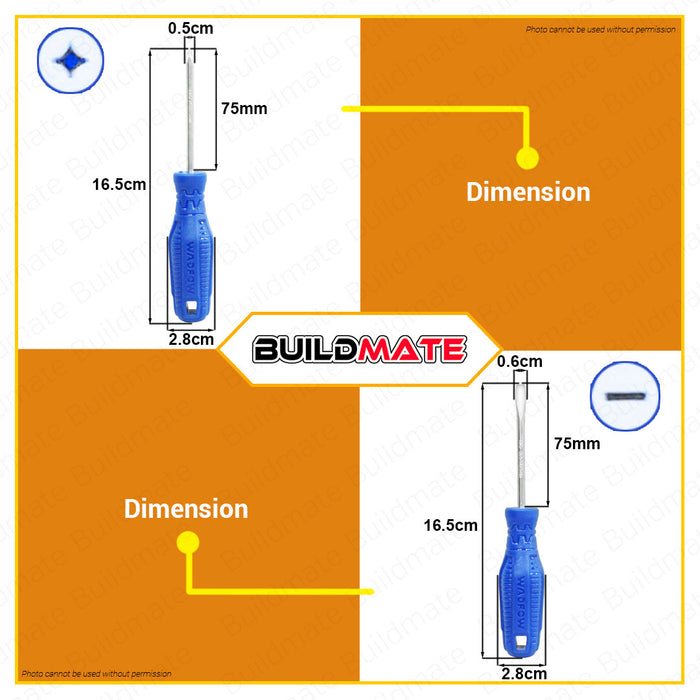 BUILDMATE Wadfow Screwdriver Set 2PCS | 4PCS | 6PCS [SOLD PER SET] Flat & Philip Screwdriver Round Shank & Flathead Screwdriver Slotted Screwdriver Crosshead Screwdriver Repair Tool Kit Hand Tool Set • WHT