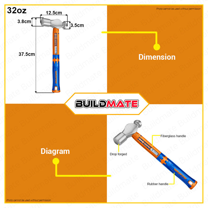BUILDMATE Wadfow Ball Pein Ballpein Ball-peen Hammer 16oz | 24oz | 32oz | 48oz [SOLD PER PIECE] Unique Design Fiberglass Handle Drop-forged Hammerhead Double Striking Heads for Household Workshop Repair • WHT