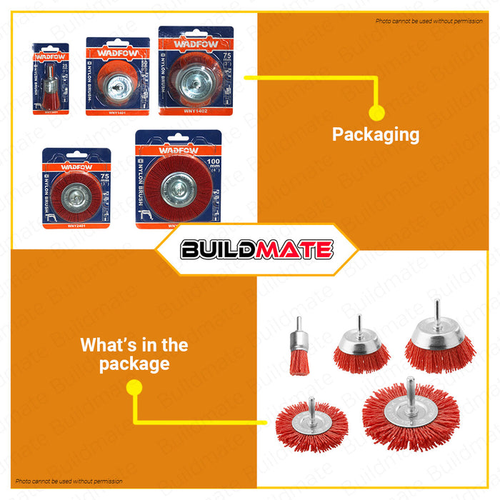 BUILDMATE Wadfow Nylon Brush 1" | 2" | 3" | 4" Inch [SOLD PER PIECE] Nylon Wire Brush Nylon Filament Abrasive Wire Brush Wheel & Cup Brush Wood Polishing Wire Bristle Drill Wheel and Cup Brush Red Wire Brush Abrasive Cup • WHT
