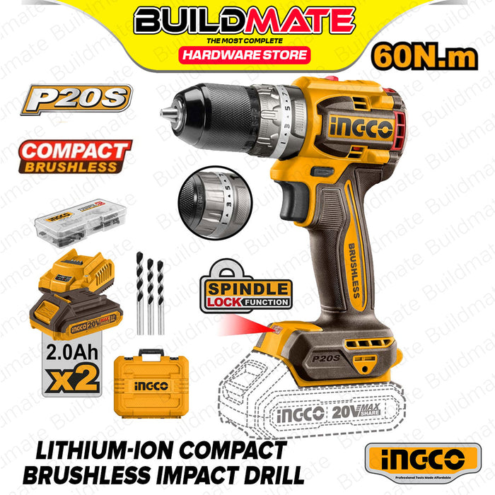 BUILDMATE Ingco 20V Lithium-Ion Cordless Compact Brushless Impact Drill 2-Speed Gear 60Nm Electric Screw Driver Hammer Drill CIDLI20602 - ICPT