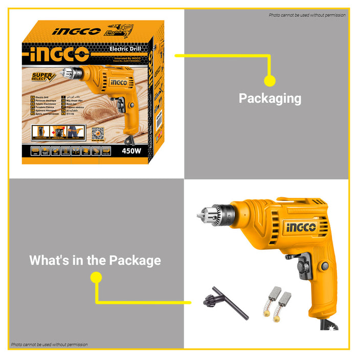 BUILDMATE Ingco 450W Electric Drill 6.5MM with Variable Speed Control Rotary Drilling Power Tools ED45658 - IPT