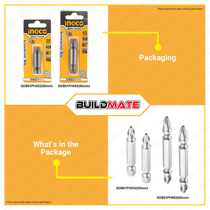 BUILDMATE Ingco 2PCS/SET Screwdriver Bits 50mm | 65mm Double Ended Phillips Screw Bit Magnetic Two-Sided Cross Slot Double Ended Driver Bit for Power Screwdriver Impact Drill SDB61PH502 | SDB61PH652 • HT2
