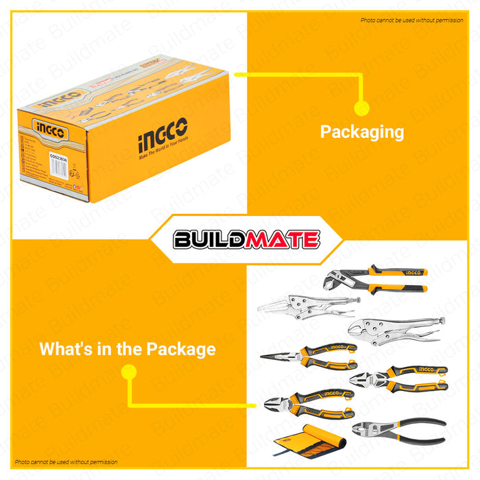 BUILDMATE Ingco 7PCS Pliers Set Long Nose Locking Pliers Curved Jaw Locking Pliers Pump Pliers High Leverage Combination Pliers High Leverage Diagonal Cutting Pliers High Leverage Long Nose Pliers Slip Joint Pliers with Canvas Bag COS23036 • HT2