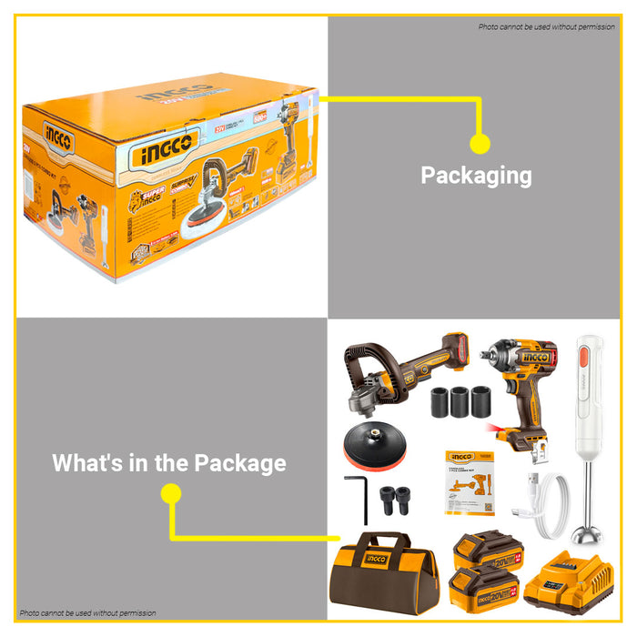 BUILDMATE Ingco 3pcs Cordless Combo Kit 20V Brushless Lithium-Ion Impact Wrench with Cordless Polisher and Hand Blender COSLI240686 - ICPT