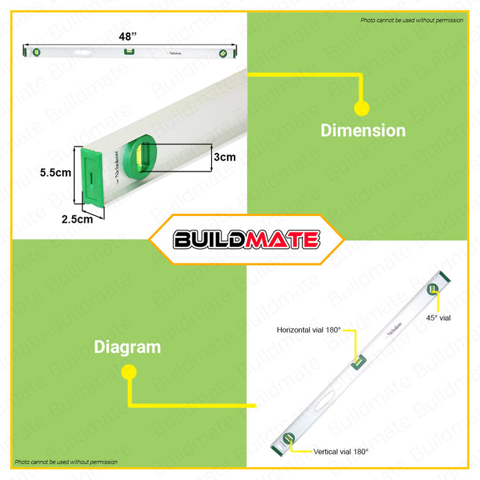 BUILDMATE Nicholson Aluminum Level 48" Inch Spirit Level Aluminum Spirit Leveler Bubble Level Box Spirit Level Cylinder Spirit Bulbs Aluminum Line Measuring Level Leveling Tool INV-FD NLTR48 •