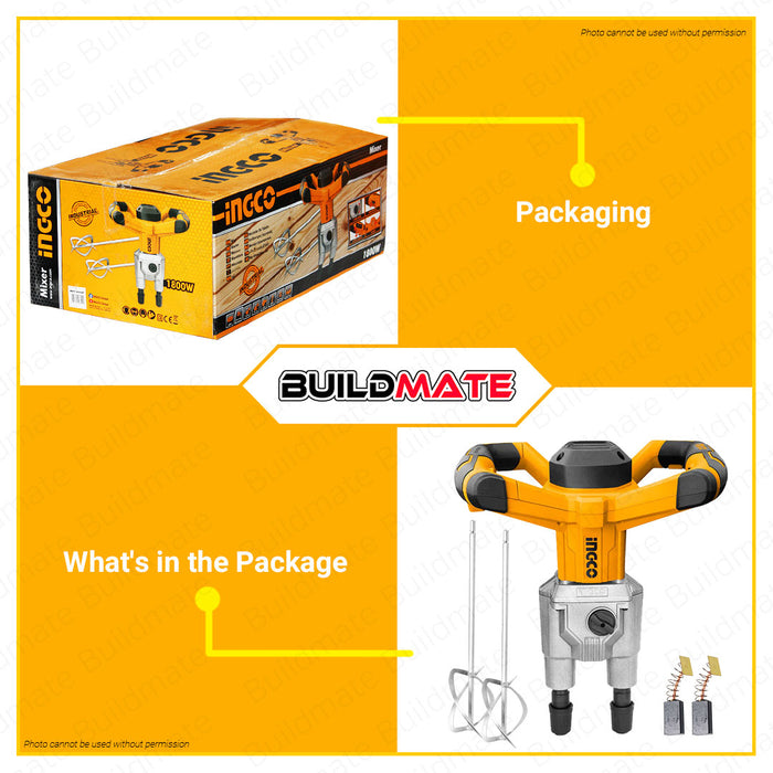 BUILDMATE Ingco Electric Mixer 1800W with Mixing Pad Multi-functional Mixer Electric Concrete Mixer Cement Mixer Mortar Mixer for Concrete, Paint, Latex and Mortar MX218008 | MX218008P • IPT