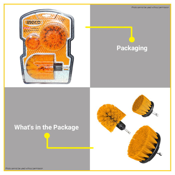 INGCO 3PCS Medium Bristle Brush Set 1/4 Hex Shank Drill Cleaning Brush Cleaner Kit WCBM0301 •BUILDMATE• IHT