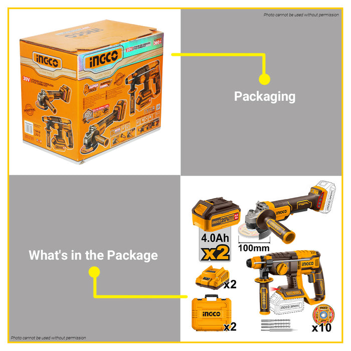 BUILDMATE Ingco Cordless Brushless Rotary Hammer / Angle Grinder with Safety Trigger Switch - IPX