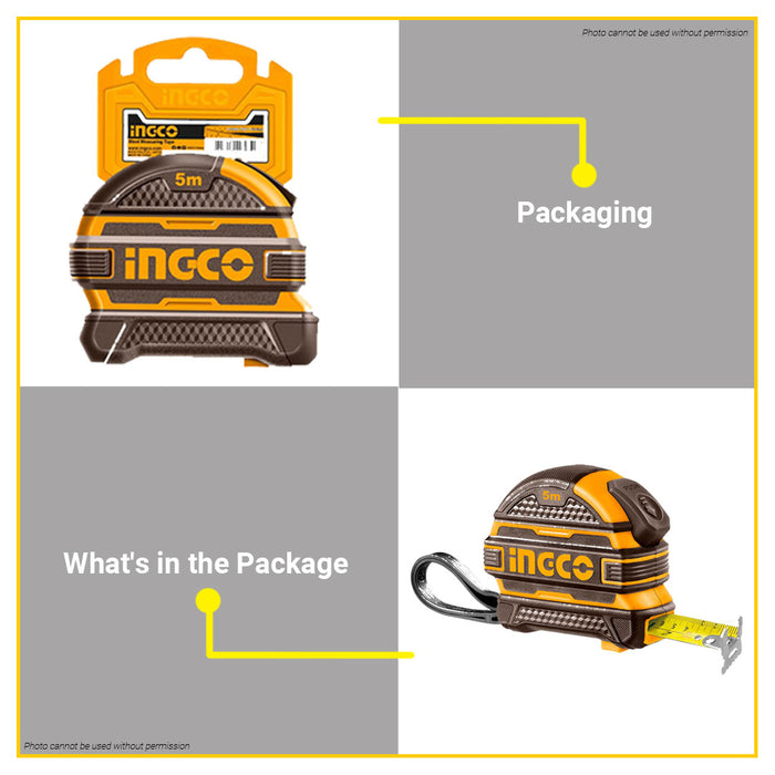 BUILDMATE Ingco Self Locking Steel Measuring Tape 5mx19mm Double Button With Continuous Marking Ruler Tape Measure HSMT08519 - IHT