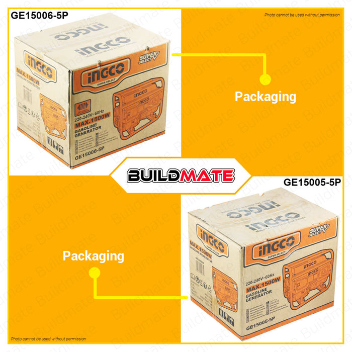 BUILDMATE Ingco Gasoline Generator AU Aluminum Coil Alternator | CO Copper Coil Alternator 5.5L 1.5 KW 4 Stroke Air-cooled Open Recoil Copper Wire Alternator GE15005-5P | GE15006-5P • IPT
