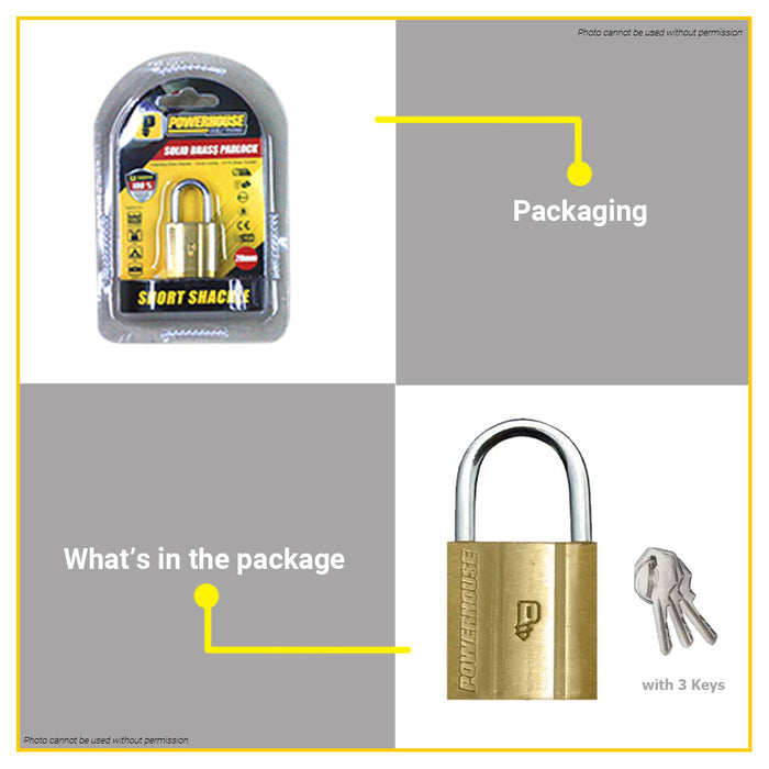 BUILDMATE Powerhouse Solid Brass Padlock Short Shackle 20mm with 3pcs Keys Anti-rust Security Padlock - PHDH