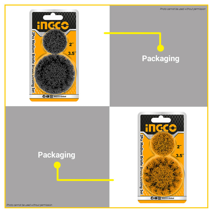 BUILDMATE Ingco 2PCS/SET Soft, Medium, Hard Bristle Brush Set 1/4" Inch Hex Shank Drill Cleaning Brush Cleaner Kit SOLD PER SET - IHT