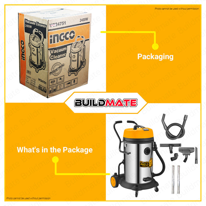 BUILDMATE Ingco Wet and Dry Vacuum Cleaner 75L 2400W Multi-Purpose Mops Dirt Cleaner Self-Cleaning Air Drying Household Floor Cleaning Tools with Wheels VC24751 • IPT