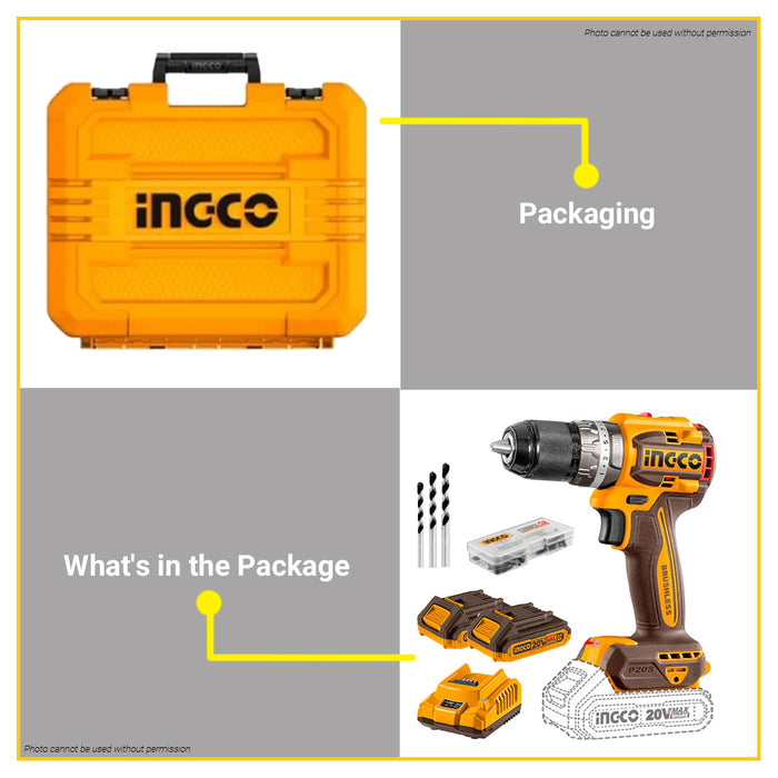 BUILDMATE Ingco 20V Lithium-Ion Cordless Compact Brushless Impact Drill 2-Speed Gear 60Nm Electric Screw Driver Hammer Drill CIDLI20602 - ICPT